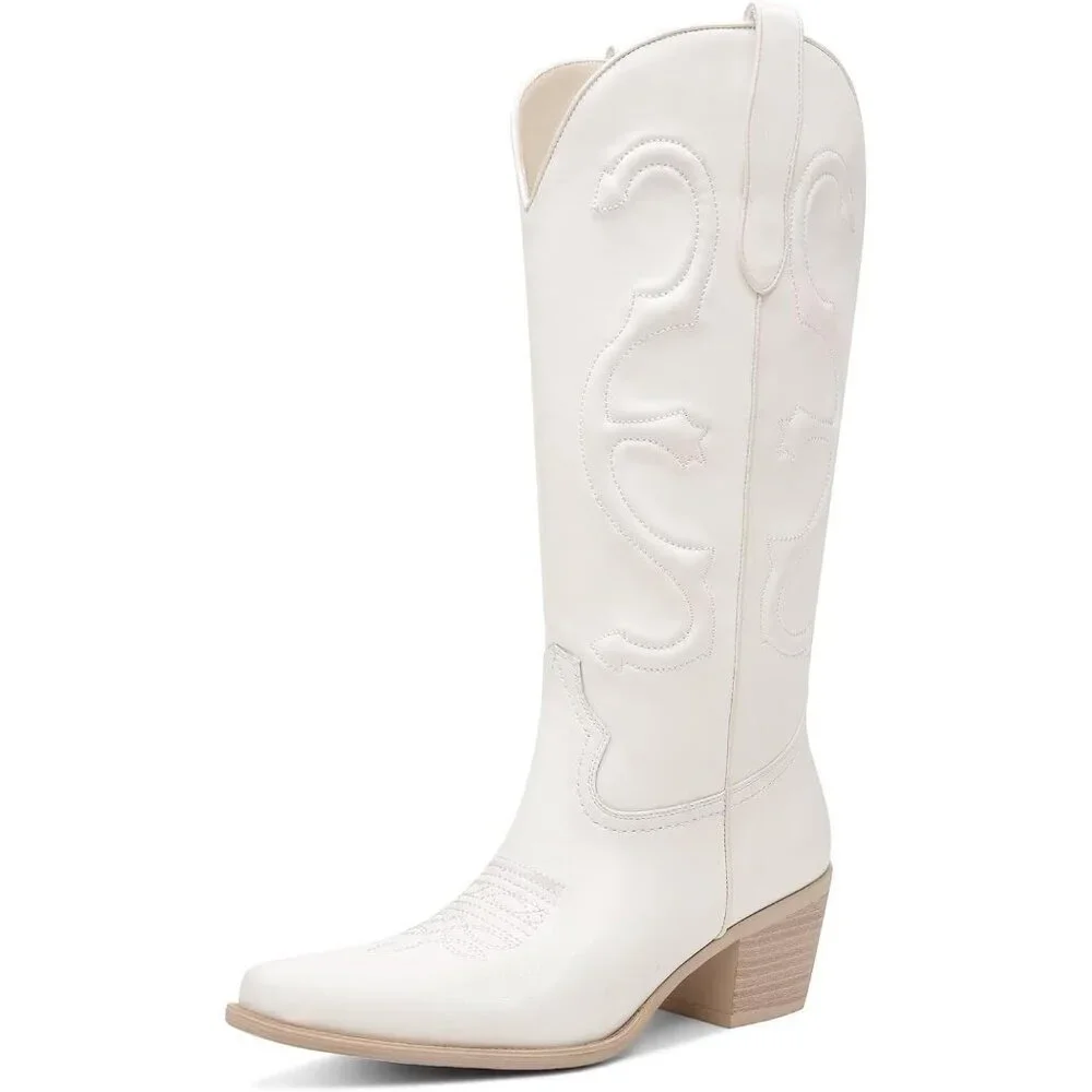 Women's White Mid Calf Cowgirl Pointed Toe Chunky Heel Fashion Cowboy Boots